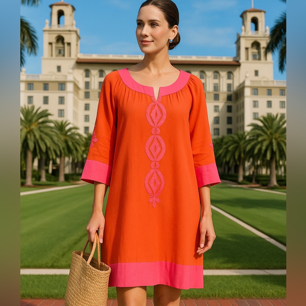 Gretchen Scott Designs Orange Shift Dress with Pink Trim